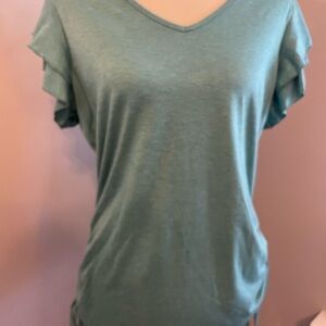 Women's V-Neck Ruffle Sleeve Top - heathered teal